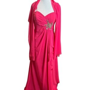 Star Box Pink Chiffon Jeweled Formal Dress Gown With Shawl Back Lace Up Size L